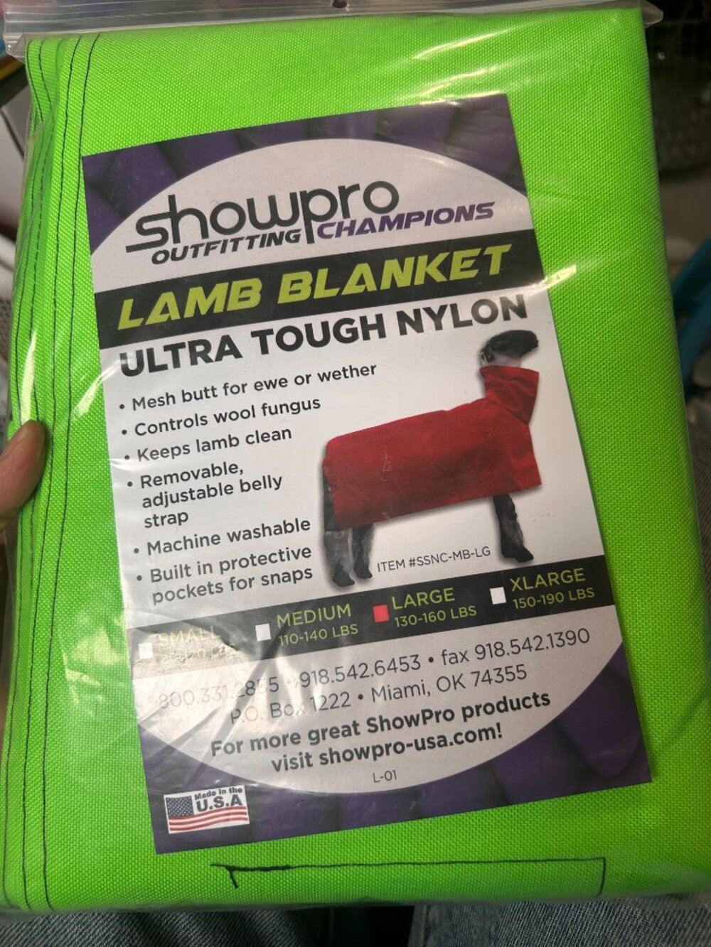 SHOW PRO, LAMB BLANKET, ULTRA TOUGH NYLON, Size Large, Green, Made in USA